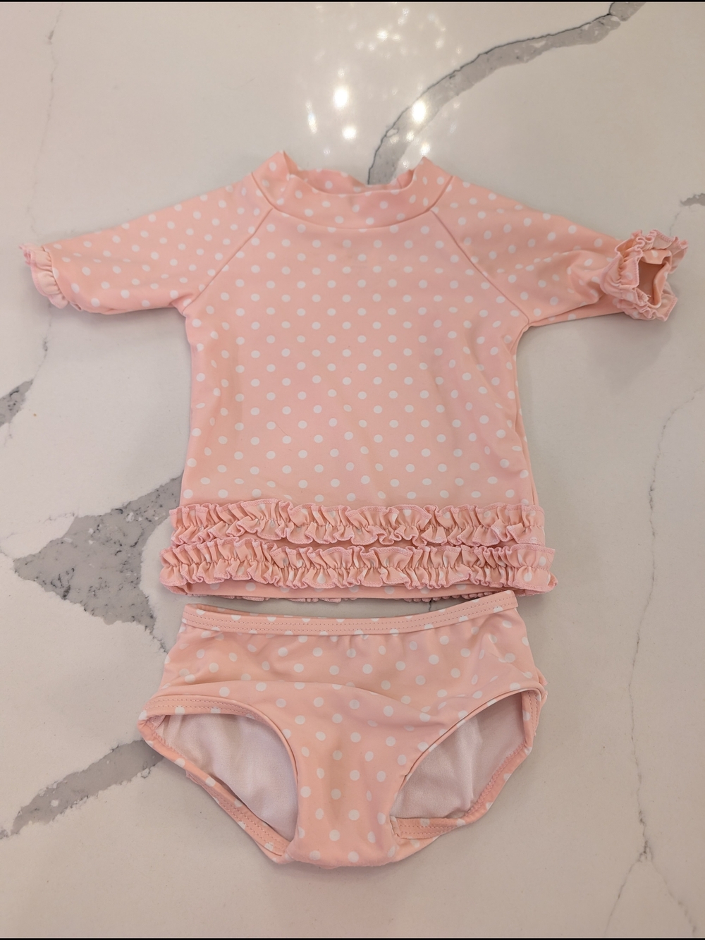 Ruffle Butts Baby Girls Swim Suit Pink Polka Dot with Ruffle Hem